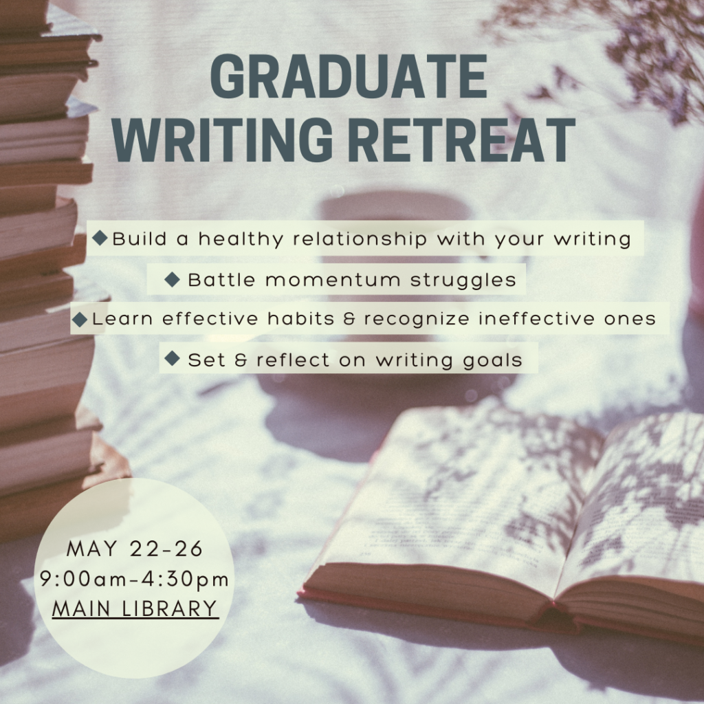 Flyer for Graduate Writing Retreat May 22- 26, image of books and coffee