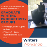 Flyer for graduate writing productivity groups, every Monday morning and Friday afternoon