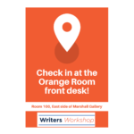 Flyer for new check-in location at Orange Room service desk.