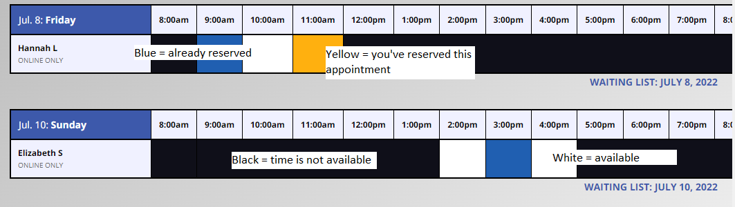 Image that shows the color key for the Workshop's appointment system.