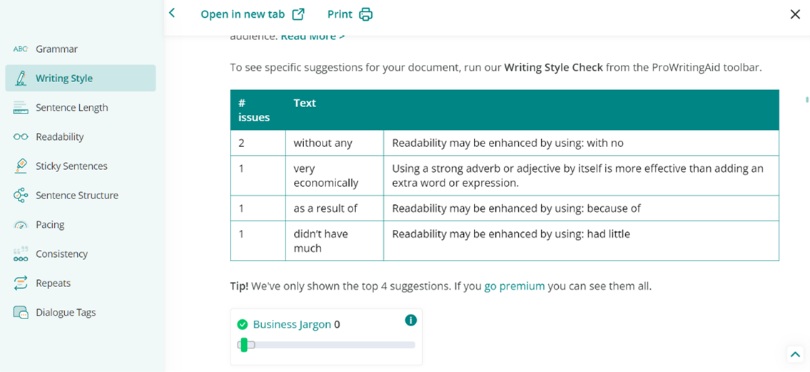 Screenshot of ProWritingAid grammar feedback