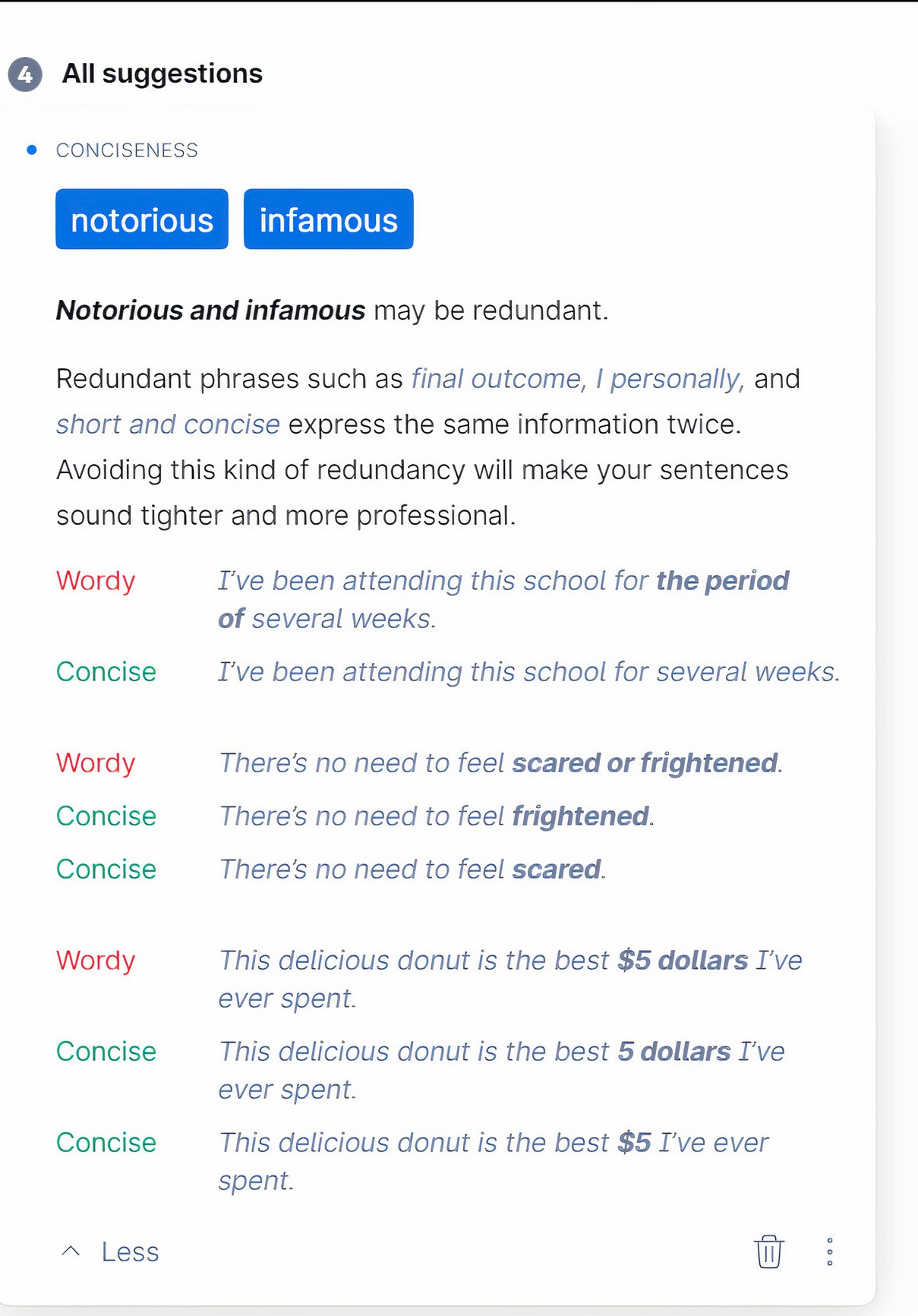 Screenshot of Grammarly's feedback cards.