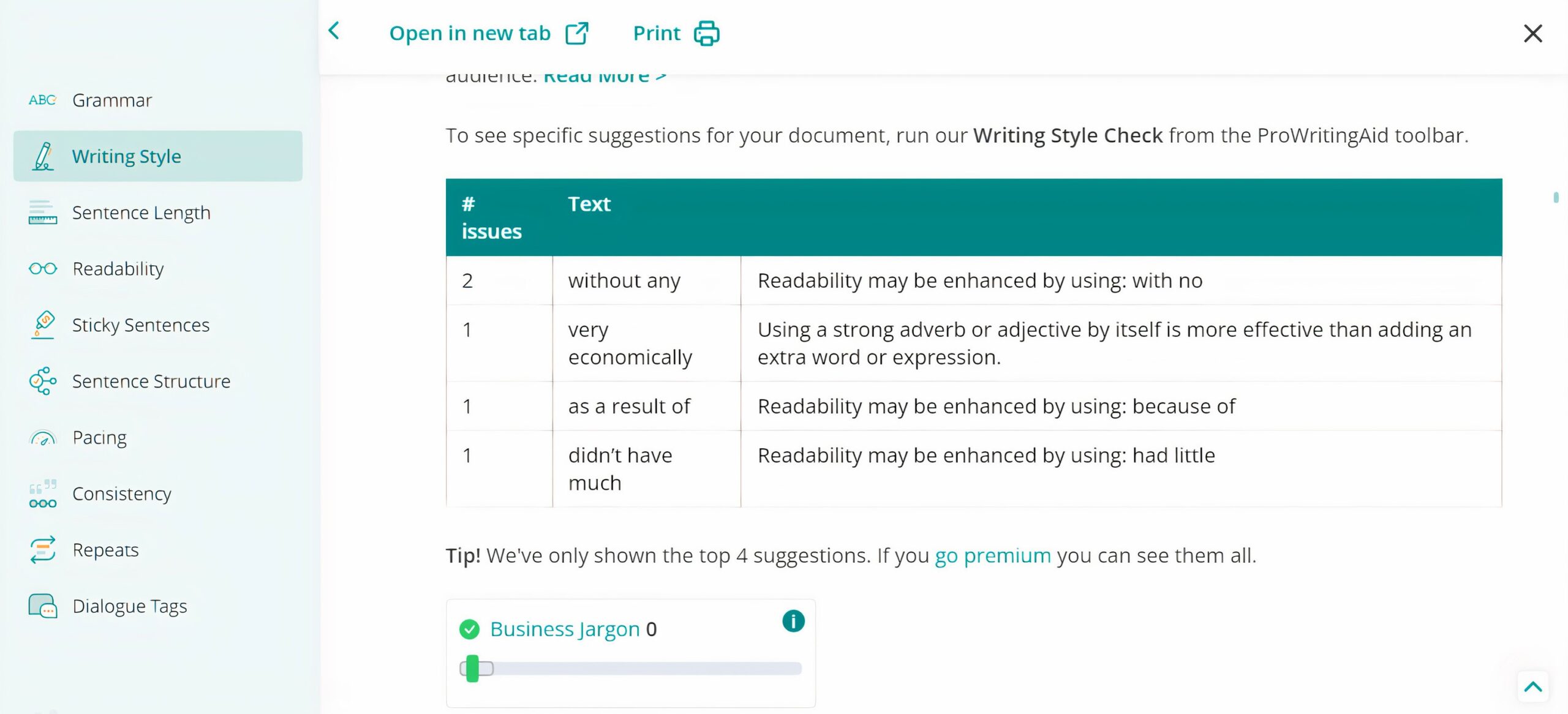 Screenshot of ProWritingAid's generalized feedback